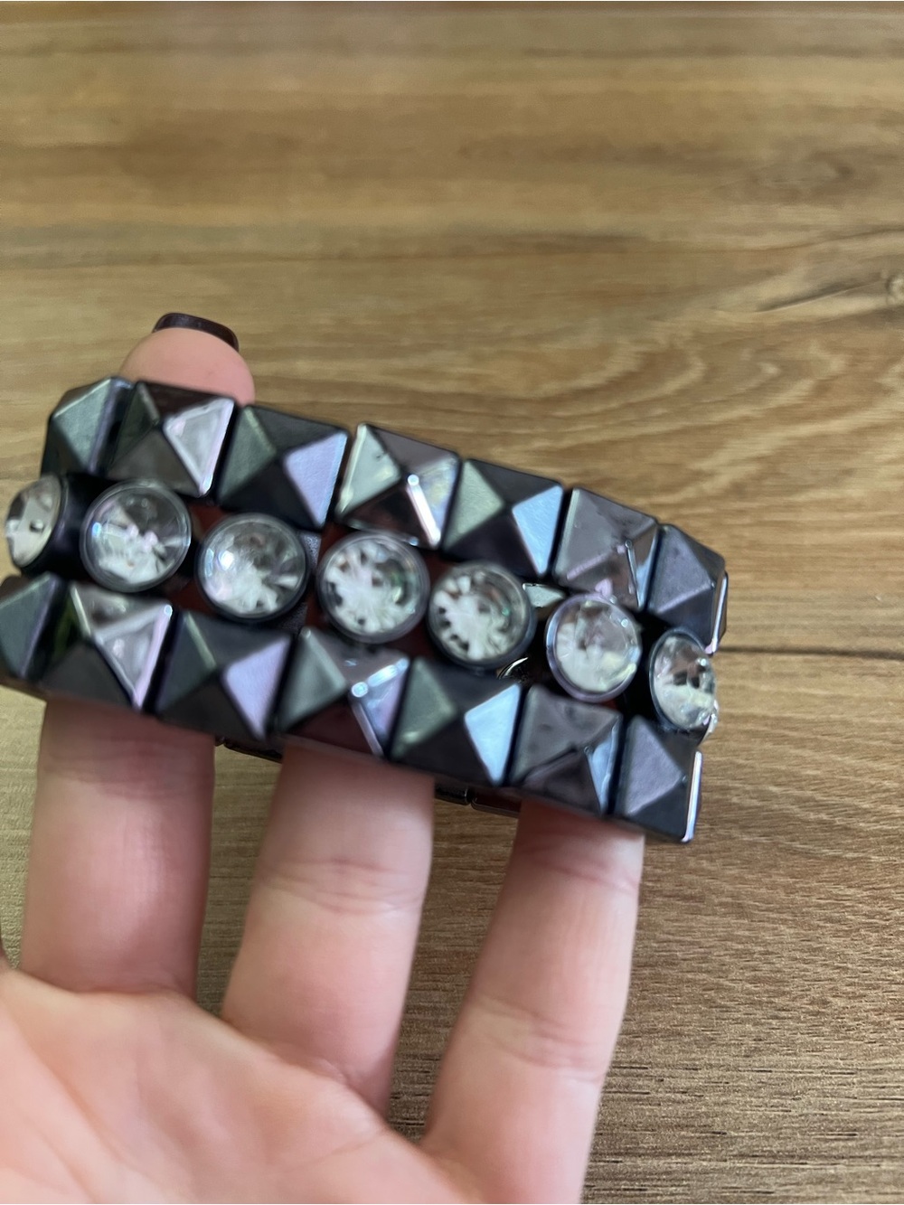 Chunky Gunmetal Pyramid Stud Rhinestone Stretch Bracelet Statement